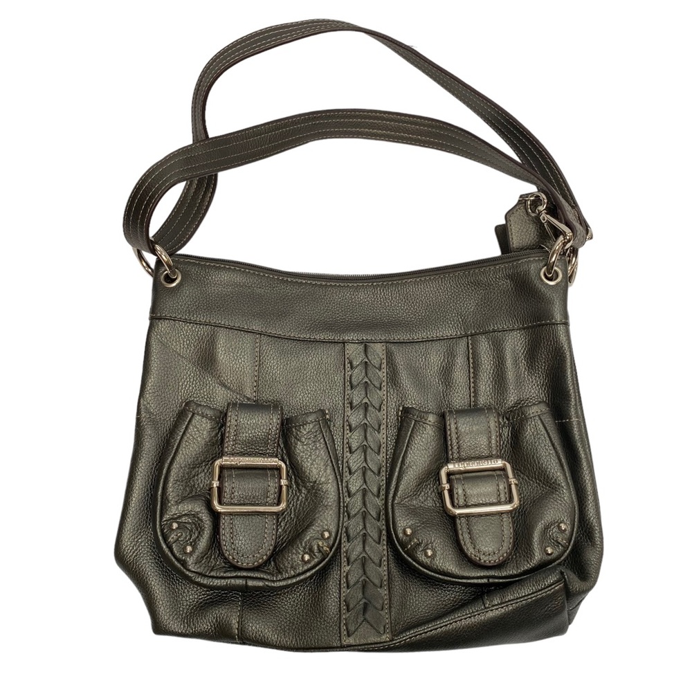 Tignanello LArge Dark Metallic Pewter Gray Silver Shoulder Bag Purse